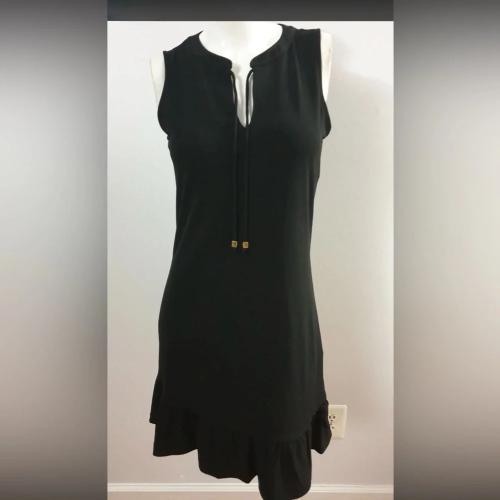 Michael Kors sleeveless black shift dress black tie key neck ruffle at hem XS